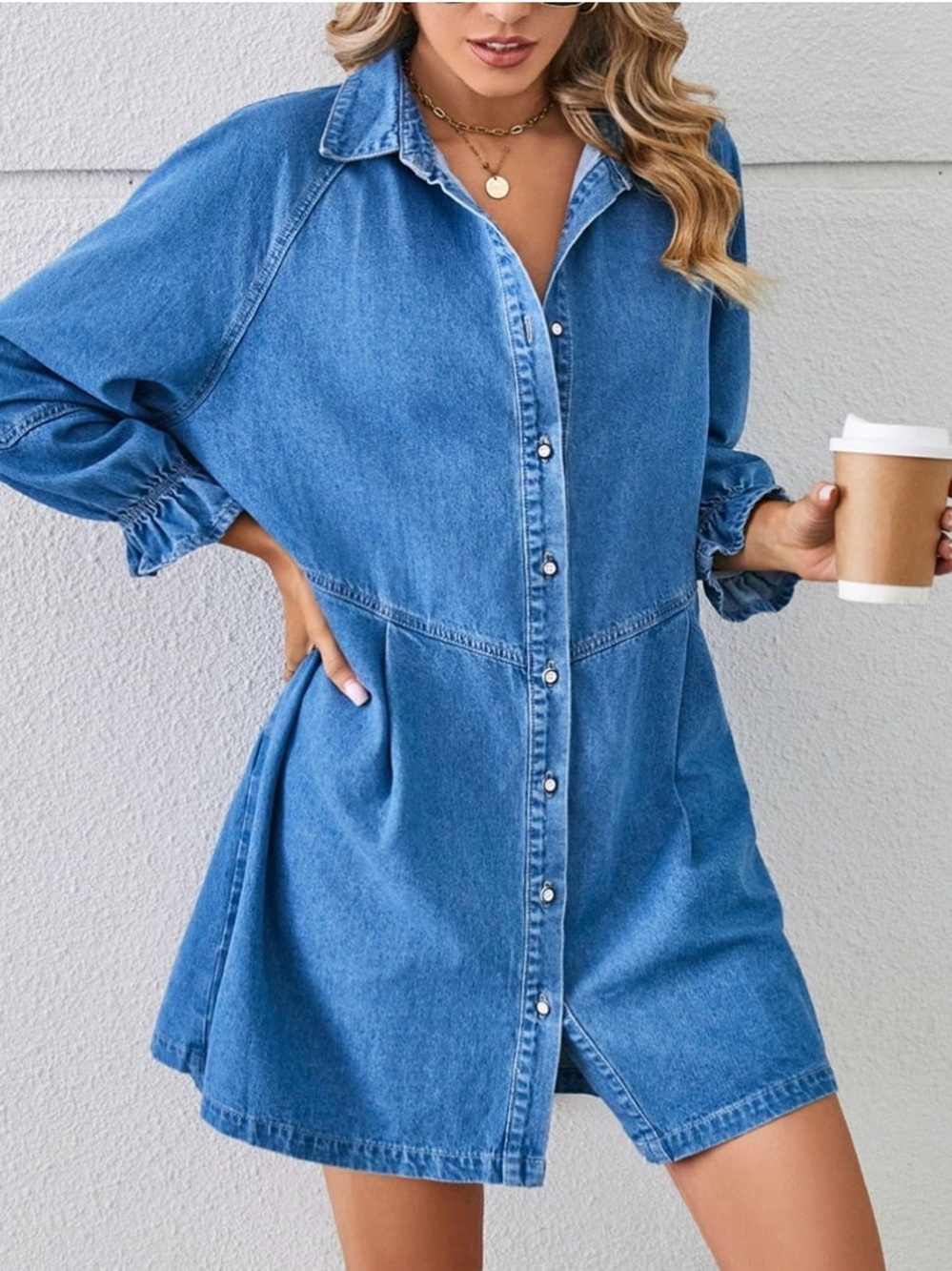 Ruffle Button-Front Denim Shirt Dress in Classic Blue